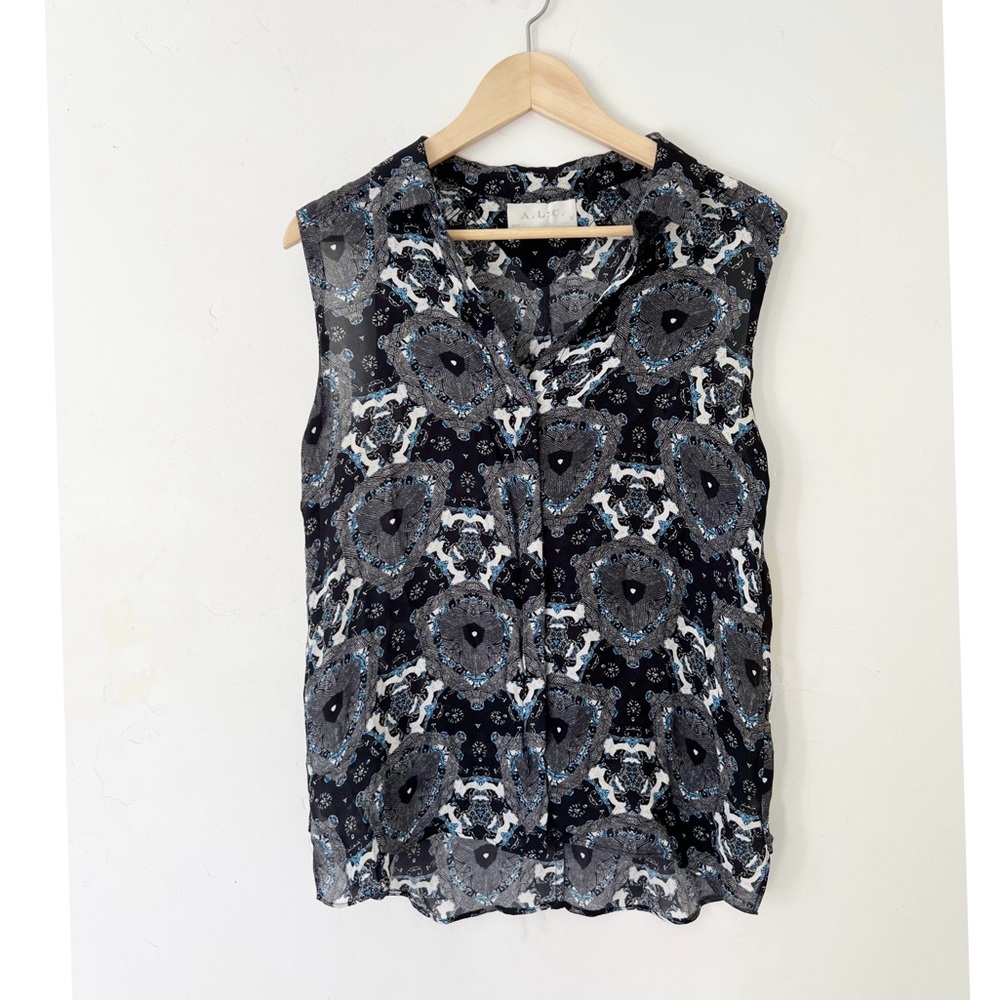A.L.C. Sleeveless Black and Gray Silk Button Down Top